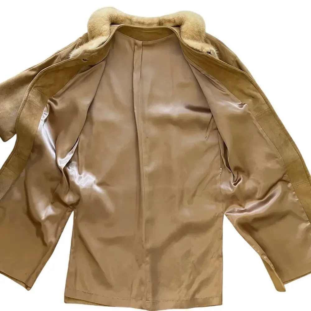 Vintage Suede Leather Car Coat with Palomino Blonde Mink Fur Stole Collar - Picture 4 of 11